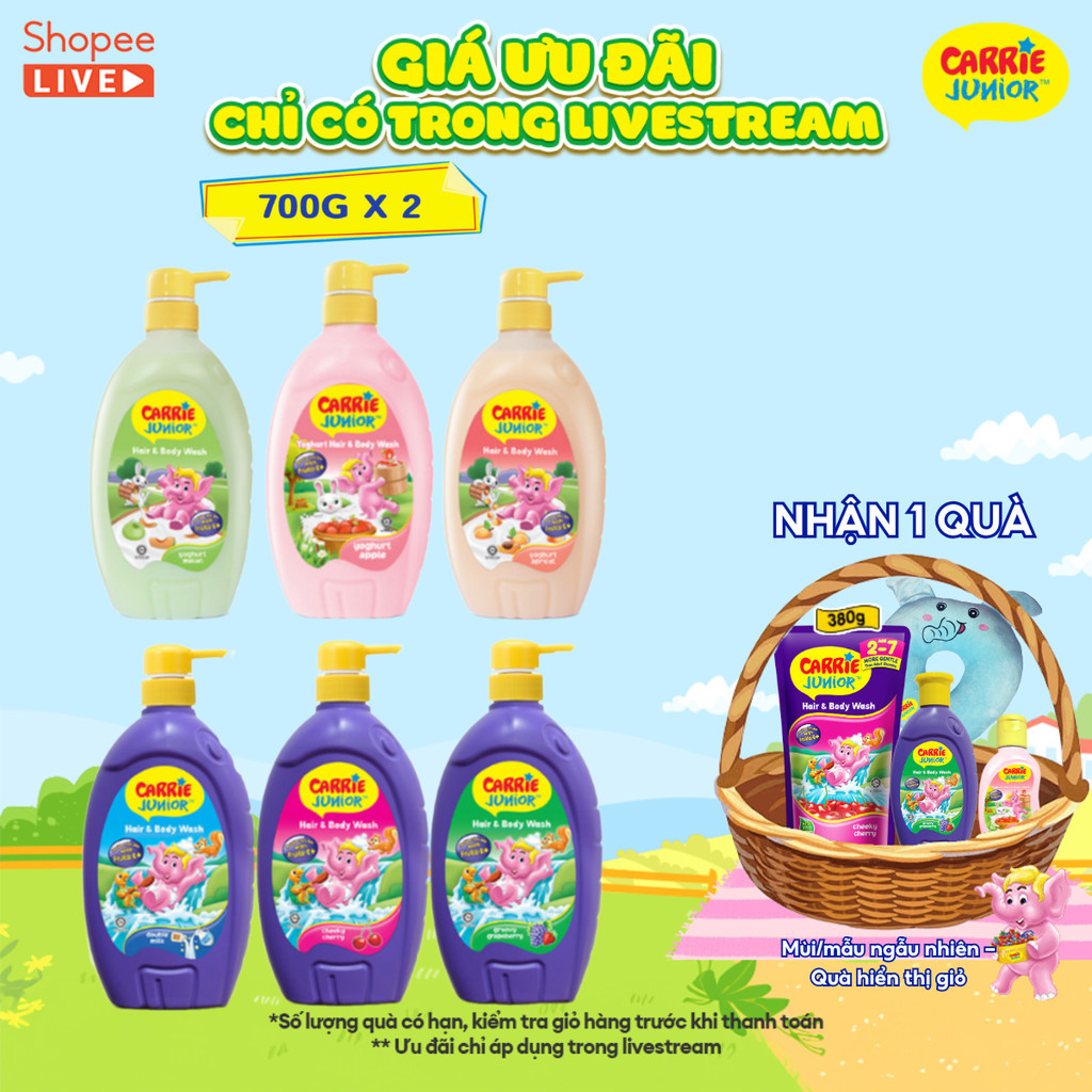 Combo 2 Sữa Tắm Gội thành phần thiên nhiên & sữa chua Sạch Dịu Nhẹ & ẩm mịn Cho Bé Carrie Junior Hương Melon 700g - live