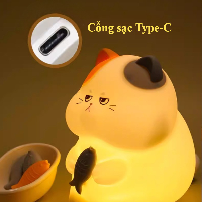 Đèn Ngủ Silicon Mèo Tam Thể Cảm Ứng Chạm, Ánh Sáng Dịu Nhẹ Bảo Vệ Mắt, Sạc USB, Đổi 7 Màu, Quà Tặng Đáng Yêu