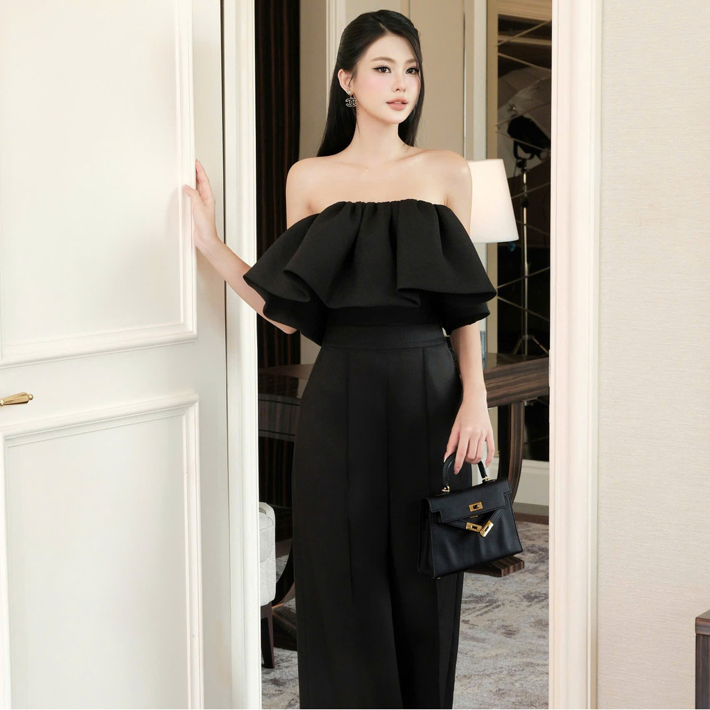 Jump dài dáng quây 2 tầng bồng phối ống quần suông dài tone đen cá tính quyến rũ Khiết KJ448