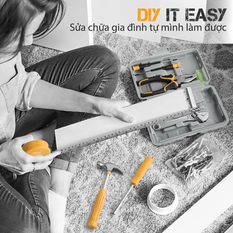 Hộp đựng dụng cụ gia dụng đa năng kèm thước dây, bộ dụng cụ sửa chữa DIY 24 món, cho thợ sửa bảo trì nhà cửa
