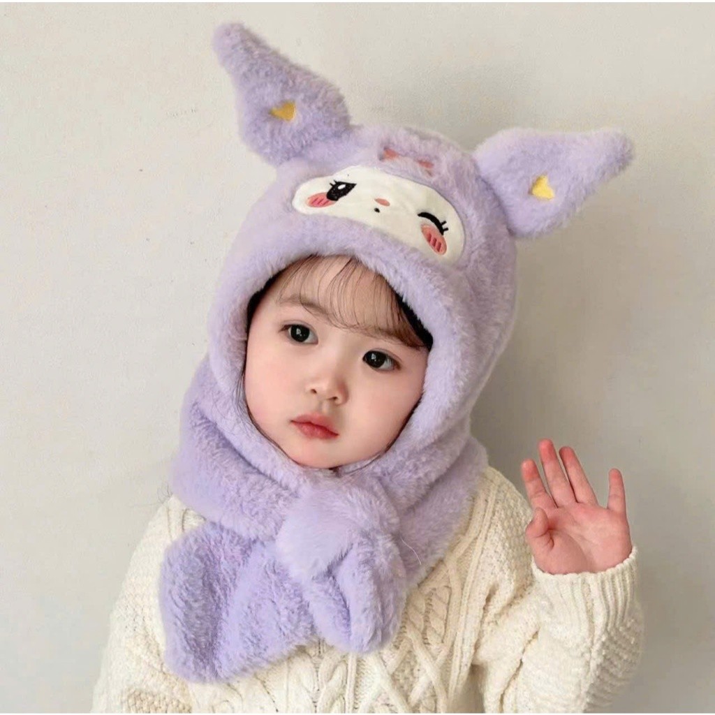 Mũ Bông Kèm Khăn Quàng Cổ Hình Kuromi Đáng Yêu Cho Bé Mũ Trùm Đầu 2 In 1 Quà Tặng Giáng Sinh Cho Bé