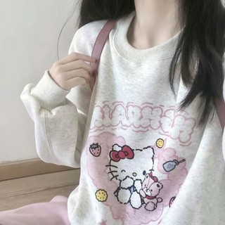 Áo sweater hello kitty in trái tim hồng dành cho nữ cổ tròn form rộng tay bồng chất nỉ bông