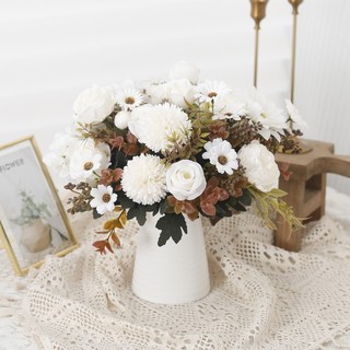 Hoa Giả Decor Trang Trí Nhà Cửa Bó Hồng Cúc Lụa Vintage Retro Cao Cấp Phụ Kiện Chụp Ảnh Cưới Để Bàn Phòng Khách Terracotta Mauve White Mums Roses Fake Flowers Wedding Party Gift Vase Filler Aesthetic Korean Style Boho Autumn