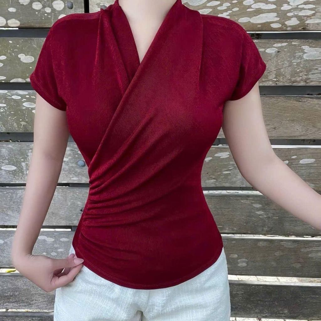 Áo Thun Nhũ Cổ Chéo Sang Chảnh ESHOP - Áo Kiểu Nữ Ánh Kim Nữ Ôm Body Co Giãn Đẹp Dễ Thương MS528