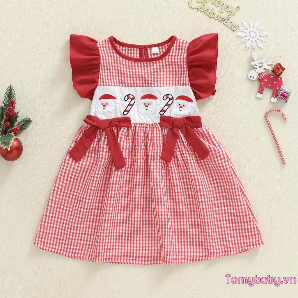 Váy Giáng Sinh Bé Gái Bay Tay Cổ Tròn Ông Già Noel Thêu Kẻ Sọc