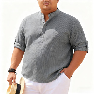 Áo sơ mi nam plus size cổ dài tay henley kẻ sọc từ vải dứa