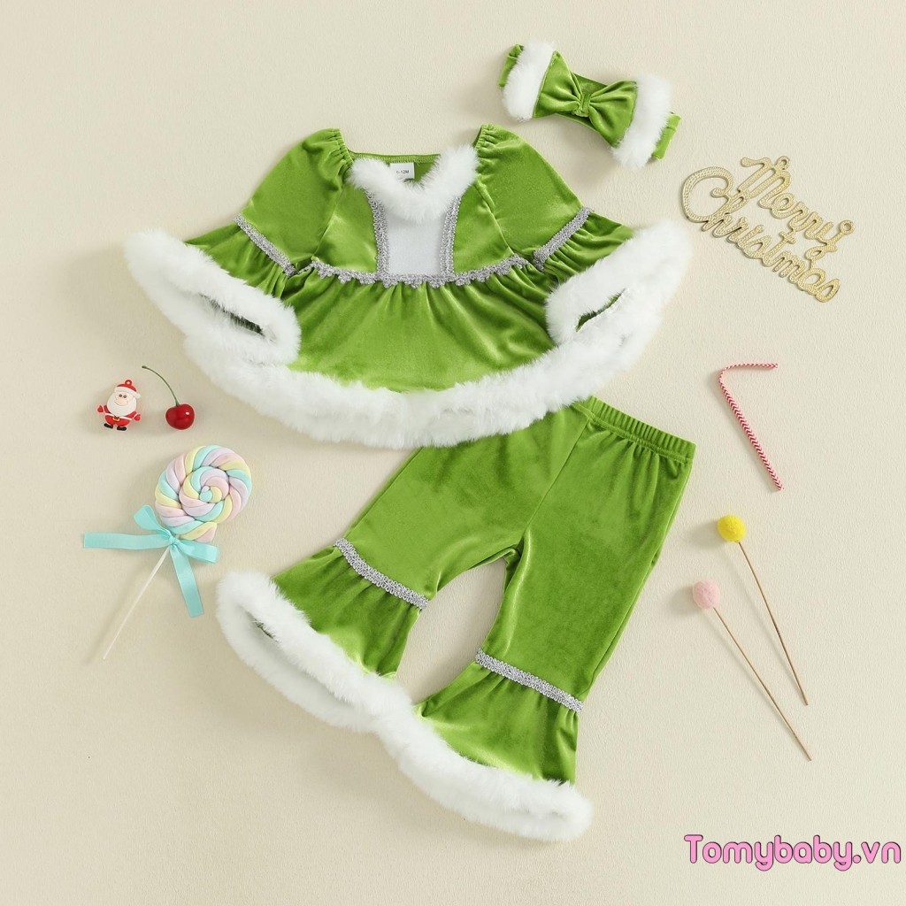 Trẻ mới biết đi Trang phục ông già Noel Giáng sinh sang trọng Áo dài tay chắp vá + Quần loe lưng co giãn + Bộ băng đô