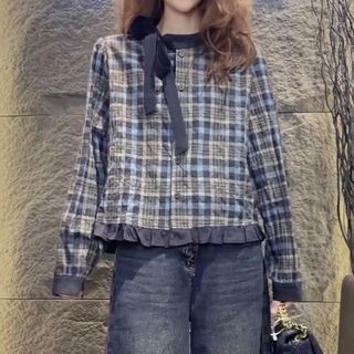 L-6XL Plus Size Áo Sơ Mi Nữ Nấm Cạnh Nơ Cổ Tròn Dài Tay Kẻ Sọc Áo Sơ Mi Nữ Thu Đông Hàn Quốc Retro Thời Trang Rời Top Hợp Thời Trang Plus Size Quần Áo Nữ