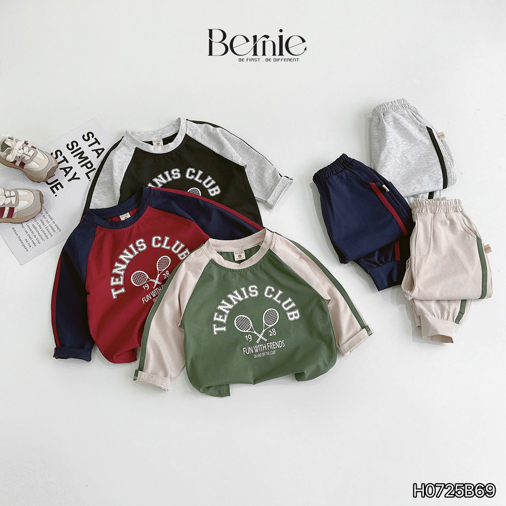 Bộ cotton dài tay Tennis Bernie thiết kế raglan can sọc nổi bật cho bé trai 9-28kg
