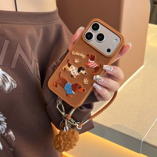 Dễ Thương Sang Trọng Thêu Dachshund Flannel Vải Bóng Wrsit Dây Da Vỏ Điện Thoại Cho iPhone 17Promax 13 14 15 16 Pro Max Sweet Girly Vỏ Di Động
