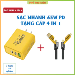 Cốc sạc nhanh 65W “Tặng cáp sạc nhanh 4 in 1” . Củ sạc nhanh 3 in 1 gồm: 2 cổng Type C + 1 cổng USB