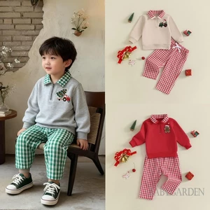 6M-4Y Bé Trai Giáng Sinh 2 Chiếc Bộ Thêu Tay Dài Ve Áo Zip Chui Đầu + Quần Kẻ Sọc Eo Co Giãn