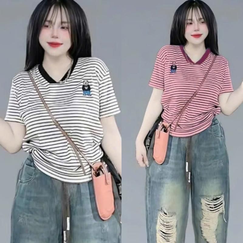 Áo Thun Nữ Cổ Tim Bigsize ESHOP Áo Tay Ngắn Kẻ Sọc Đẹp Chất Thun Cotton Mềm Mịn Dễ Thương  MS496