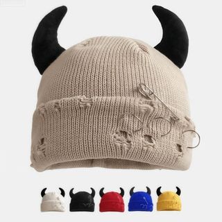 MERIGGIARE Dệt Kim Mùa Đông Bò, Có Sừng Quỷ Mũ Hip Hop Ấm Áp, Cá Tính Pin Trang Trí Đàn Hồi Ngộ nghĩnh Đau Khổ Đầu Lâu Mũ Nam Nữ