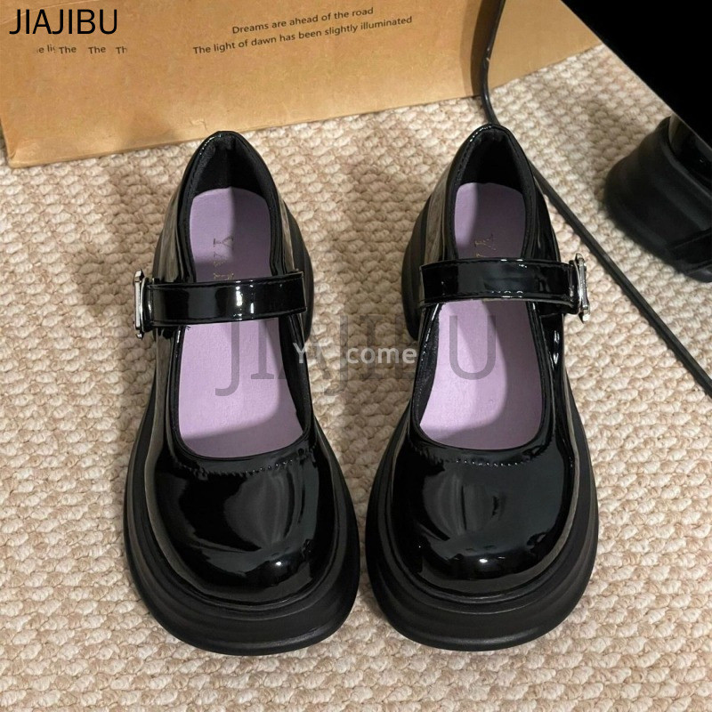 Giày Da Lolita Nhỏ Cổ Điển Đa Năng Phong Cách Học Sinh Nhật Bản Mũi Tròn Chống Trượt Gót Dày Màu Đen Có Nơ Dành Cho Nữ Korean Fashion Casual Patent Leather Mary Jane Shoes Giày Mũi To Cosplay Phong Cách Anh