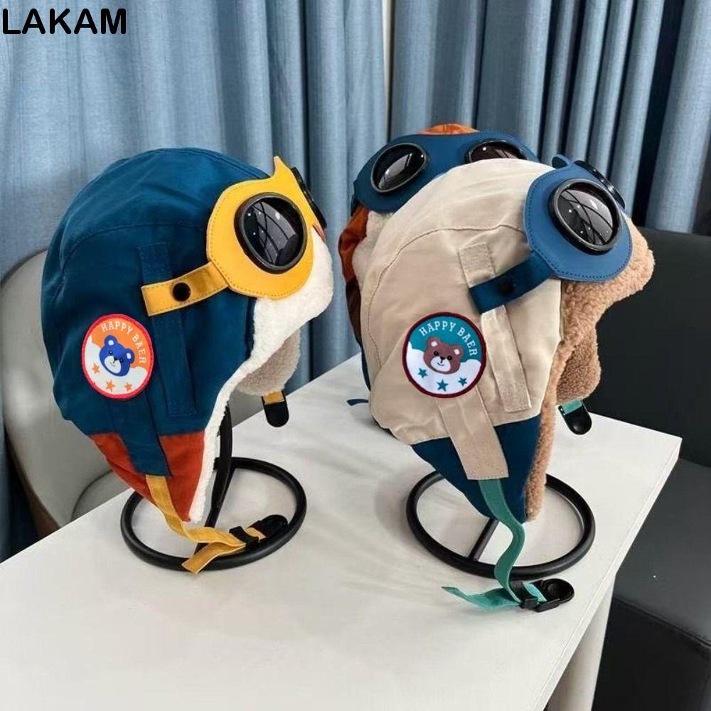 Mũ bảo vệ tai LAKAM, Mũ phi công chống gió chống lạnh, Phim hoạt hình dễ thương thời trang dày có kính Mũ ấm cho trẻ em