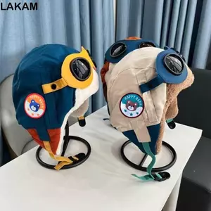 Mũ bảo vệ tai LAKAM, Mũ phi công chống gió chống lạnh, Phim hoạt hình dễ thương thời trang dày có kính Mũ ấm cho trẻ em