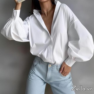Áo sơ mi rời nút xuống tay dài, thiết kế đèn lồng màu trơn, phù hợp mùa thu