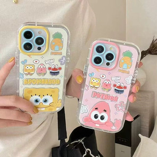 Vỏ gương cặp đôi hoạt hình dễ thương SpongBob Patrick Star + Dây chuyền cho IPhone 16 11 15 14 13 12 Pro Max X Xr Xs Max 7 8 Plus Vỏ điện thoại bảo vệ ống kính chống sốc mềm Vỏ màu đen