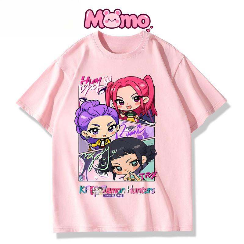 Mới KPOP Demon Hunter Trẻ Em Full Size Màu Trơn Cổ Tròn Mỏng Tay Ngắn Áo Thun Top