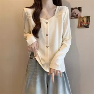 Áo thun dài tay cổ vuông cho nữ, phù hợp mùa xuân thu, phong cách đơn giản và thời trang