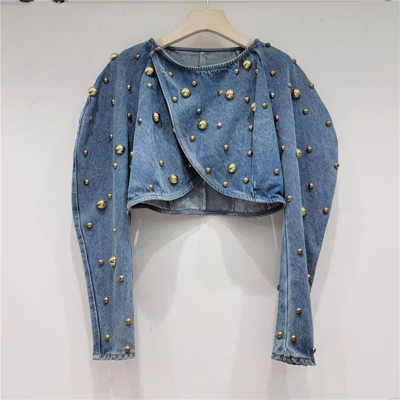 Top nữ denim tay ngắn phong cách Hàn Quốc, móng tay tròn đinh tán puff