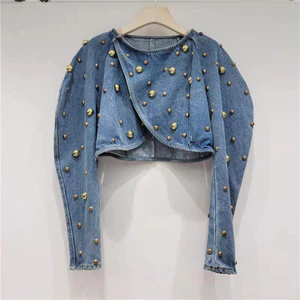 Top nữ denim tay ngắn phong cách Hàn Quốc, móng tay tròn đinh tán puff