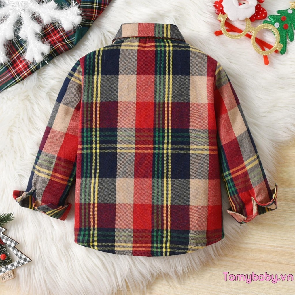 Trẻ Em Bé Trai Giáng Sinh Kẻ Sọc Áo Sơ Mi Ông Già Noel Ngực Bỏ Túi Nút Lên Ve Áo Dài Tay Áo