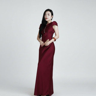 Đầm Lụa Dự Tiệc Tay Dài Phối Nút Ruby – NV794 Váy Lụa Vân Mềm Mịn Thanh Lịch
