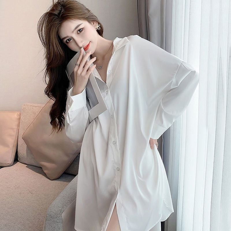 Áo sơ mi và váy ngủ nữ bằng voan trắng dài tay, mềm mại và thoải mái