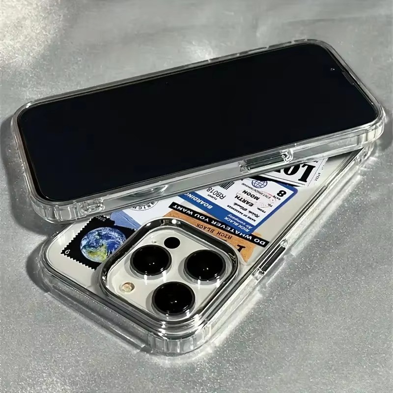Nhãn vé máy bay Khung ống kính mạ điện Vỏ điện thoại trong suốt cho iPhone 17 Pro Max XS X XR 16 15 14 13 12 11 7 8 Plus 17 Vỏ chống sốc không khí