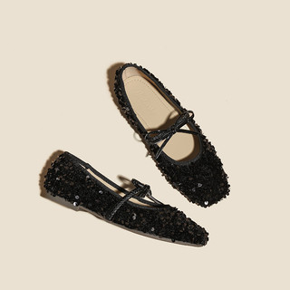 Giày đế bằng đính sequin kiểu Pháp có nơ Mary Jane