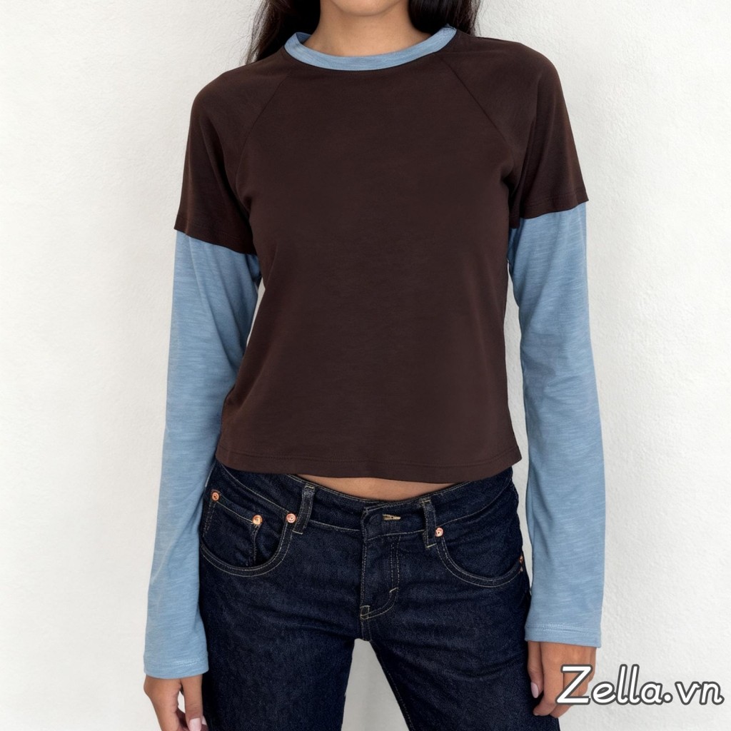 Áo thun nữ dài tayCrop Top cổ tròn dành cho văn phòng