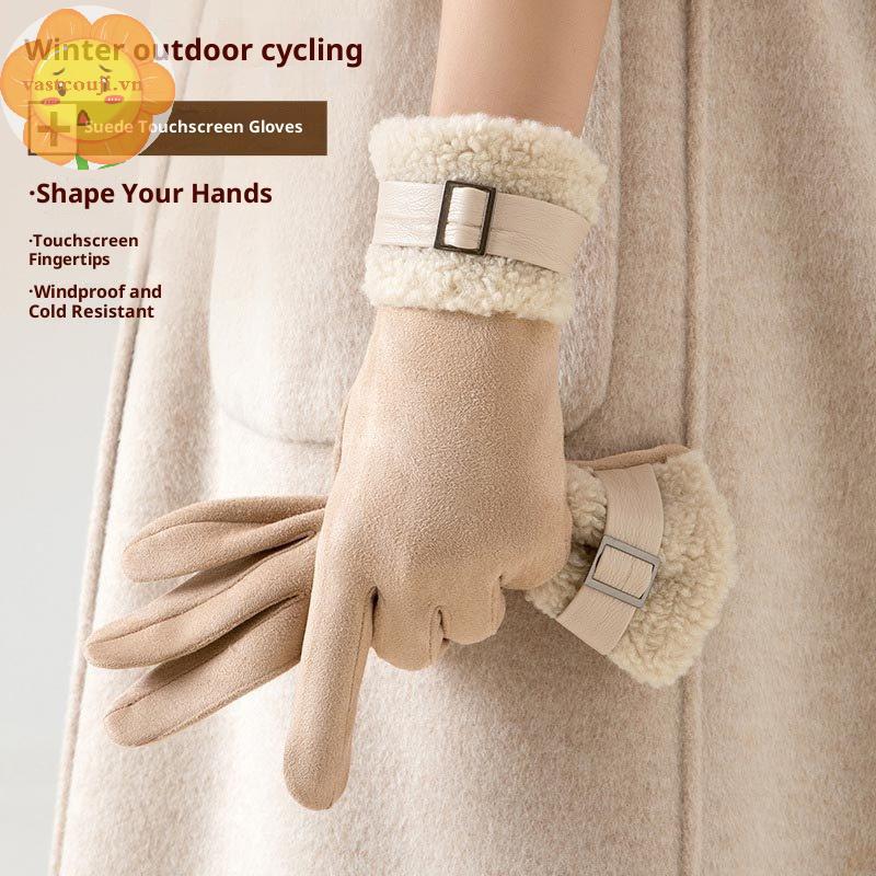 VASTJI Găng tay da lộn nữ với lông cừu dày, ấm áp, cảm ứng được, bảo vệ trong thời tiết lạnh và phù hợp cho việc đi xe đạp