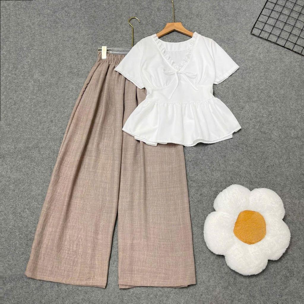 Set Bigsize Cô Nhỏ Áo Sơ Mi Cổ Tim Phối Bèo Kèm Quần Dài Lưng Thun Ống Rộng Co Giãn A315+Q564