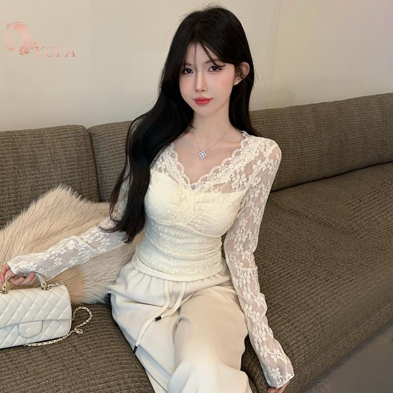 Kopa Áo Sơ Mi Ren Phong Cách Thu Đông, Cổ Chữ V Dài Tay Ôm Sát