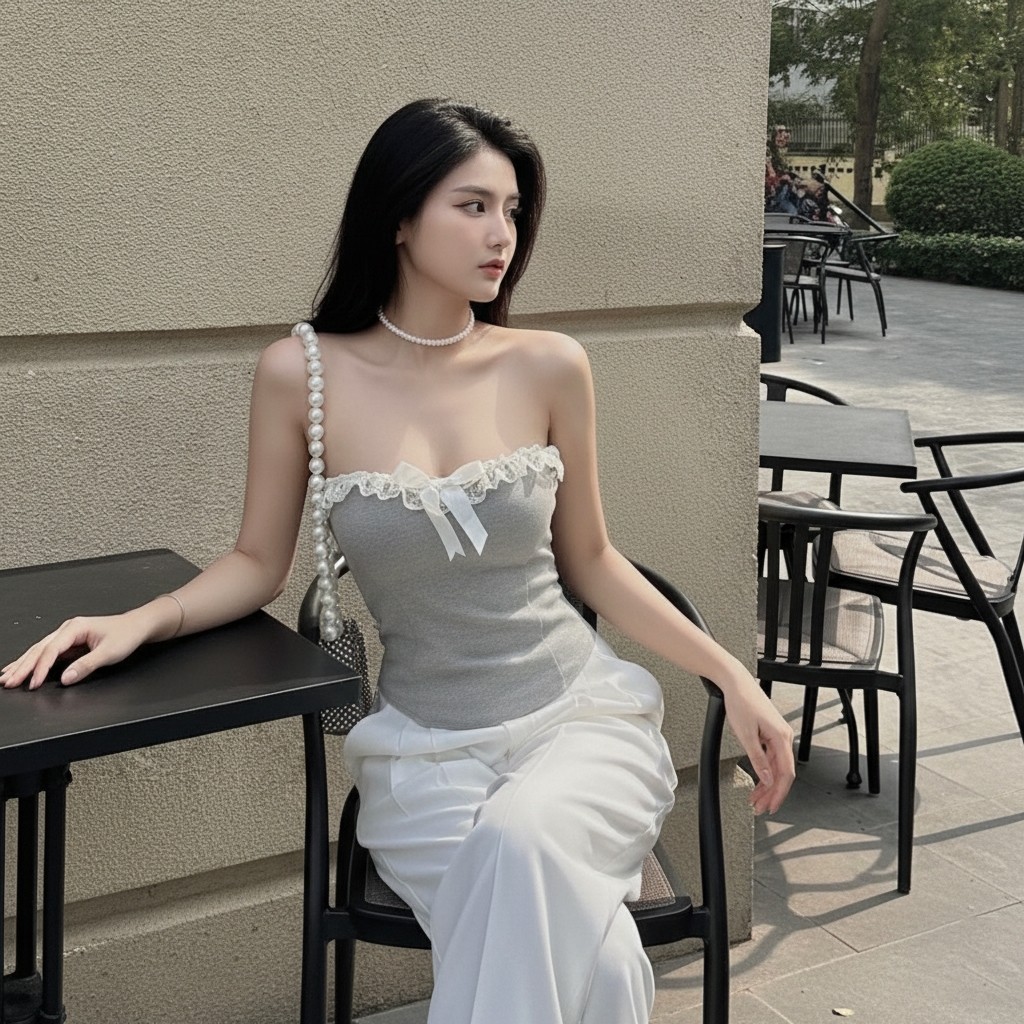Áo Ống Nữ BABEE Cúp Ngực Croptop Phối Viền Ren Đính Nơ Có Khóa Kéo Sau Phong Cách Cá Tính Quyến Rũ