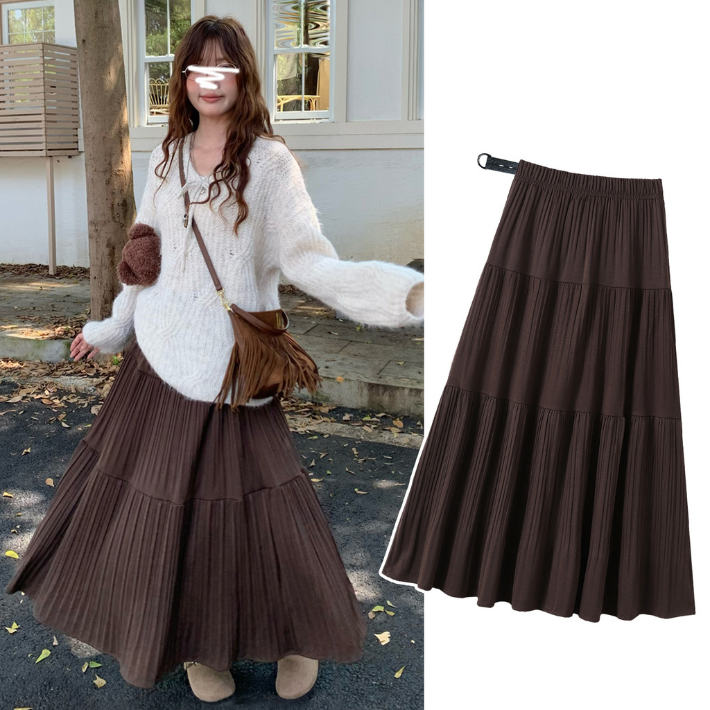 Váy bà bầu thời trang thu đông Váy chữ A xếp ly Cashmere dày