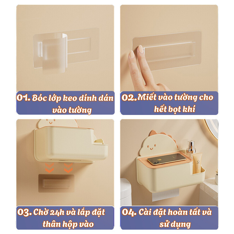 Hộp đựng giấy vệ sinh dán tường kèm kệ để đồ hình khủng long dễ thương tiện dụng cho nhà tắm DinoHome