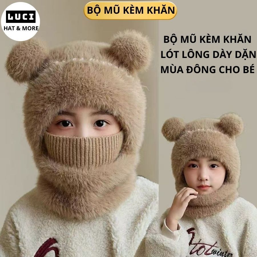 Mũ len trẻ em nam nữ trùm đầu, mũ len mùa đông kèm khăn quàng cổ lót nỉ giữ ấm chống lạnh