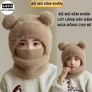 Mũ len trẻ em nam nữ trùm đầu, mũ len mùa đông kèm khăn quàng cổ lót nỉ giữ ấm chống lạnh