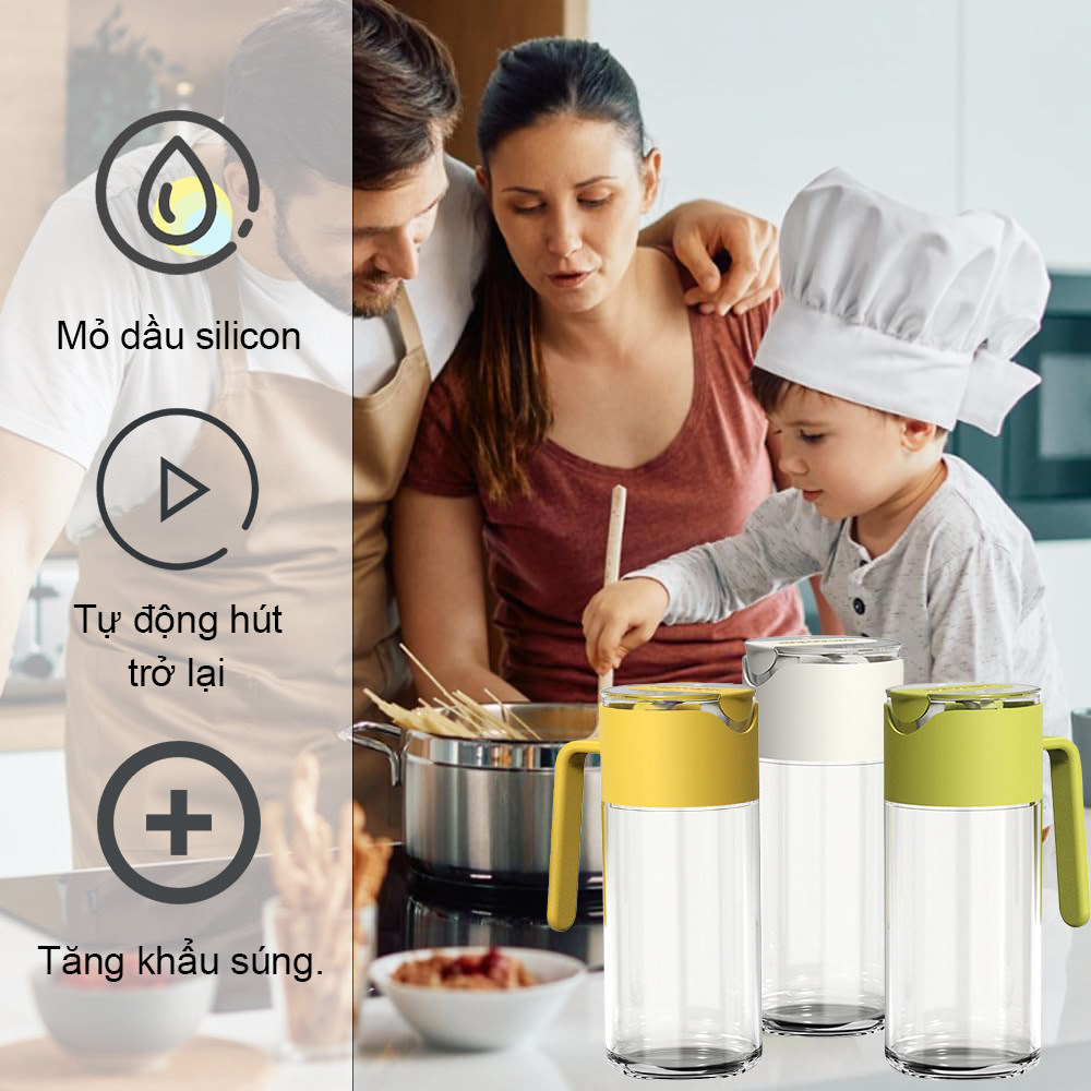 Chai đựng dầu ăn thủy tinh thông minh cao cấp nắp tự đóng mở, bình đựng dầu ăn thủy tinh có đế silicon chống trượt