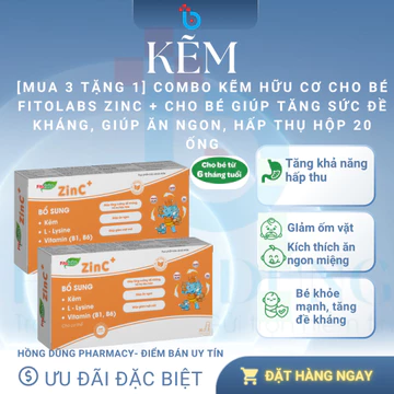 [MUA 3 TẶNG 1] Combo Kẽm Hữu Cơ Cho Bé Fitolabs ZinC + Cho Bé Giúp Tăng Sức Đề Kháng, Giúp Ăn Ngon, Hấp Thụ Hộp 20 Ống