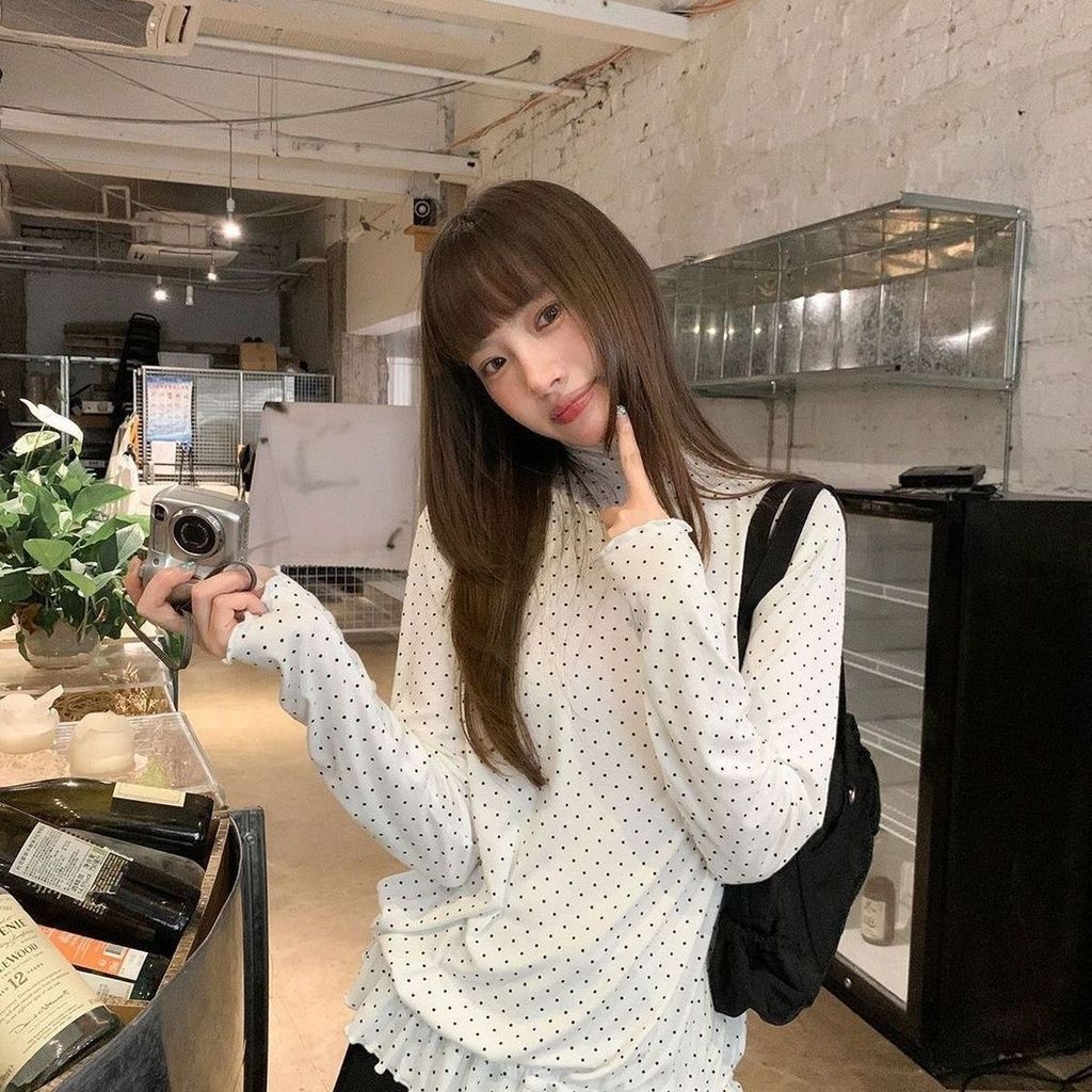 Milyfashion Áo Blouse Ren Cổ Cao Chấm Bi Tay Dài, Thiết Kế Ôm Vừa Vặn Phù Hợp