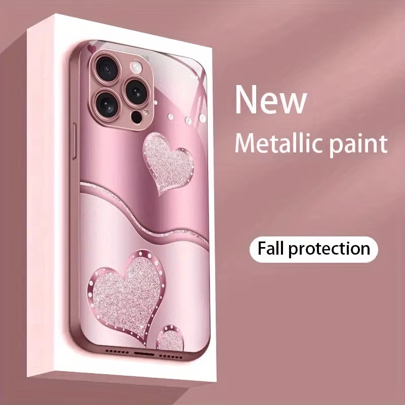 Ốp điện thoại cứng hình trái tim tình yêu dễ thương màu hồng bằng kim loại màu hồng cho iPhone 17 Air 17 16 15 14 13 12 11 Pro Max Plus 16E