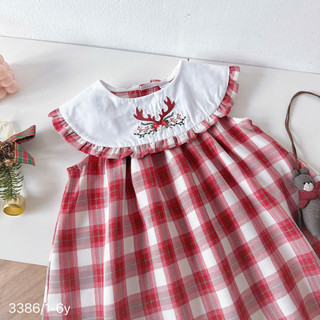 [8-26kg] Váy Sát Nách Cổ Bèo Caro Đỏ Thêu Noel Tết Cho Bé Gái Chất Thô