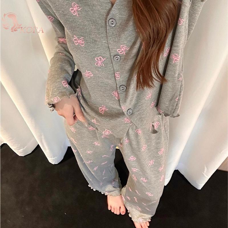 KOPA Bộ Đồ Ngủ Thu Đông Mới, Ice Silk Thread với Áo Cardigan Rời Dễ Thương