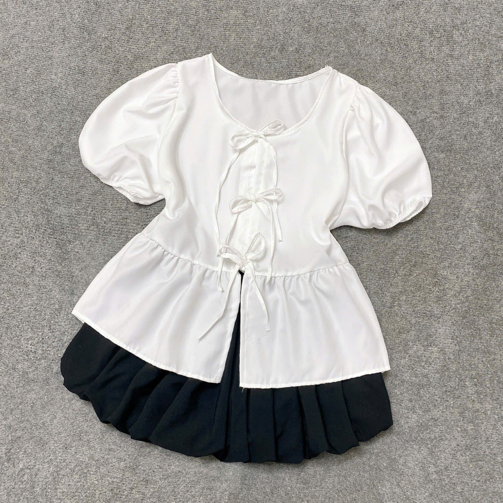 Set Áo Babydoll Nữ Bigsize CÔ NHỎ Tay Phồng Tiểu Thư Phối Váy Bí Xòe Có Bảo Hộ SET ( A191-CV413)