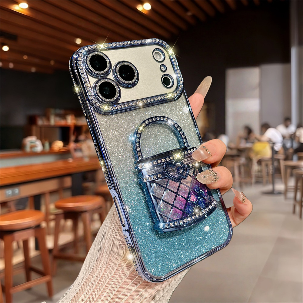 Thời Trang Gương Lấp Lánh Giá Đỡ Ốp Lưng Điện Thoại iPhone 17 Pro Max 16 11 12 13 14 15 Pro Max Air 15 16 plus Ống Kính Bảo Vệ Camera Vỏ Chống Sốc TPU Vỏ Mềm Điện Thoại