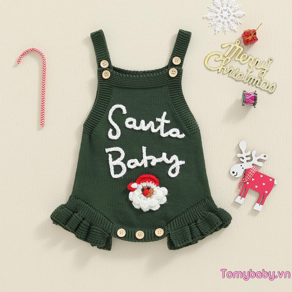 Bé Gái Áo Liền Quần Giáng Sinh Dễ Thương Ông Già Noel Thêu Không Tay Mùa Thu Dệt Kim Jumpsuit